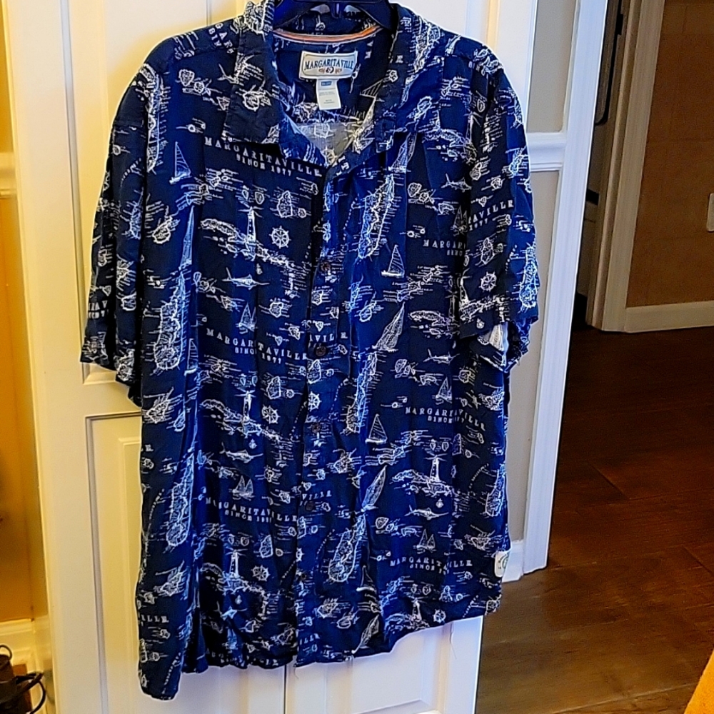 Margaritaville navy white short slv shirt button front sailboat lighthouse XXL …